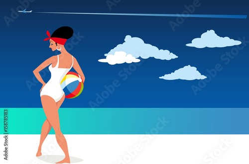 Beautiful woman in retro swimsuit posing on the beach with a beach ball, copy space left, EPS 8 vector illustration