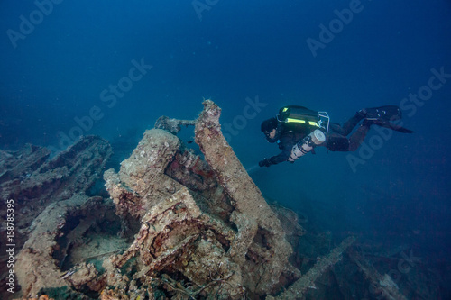 rebreather diver on wreckage at million dollar point vanuatu