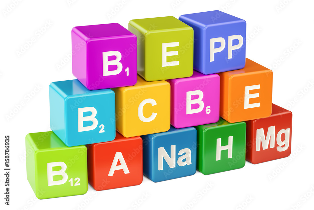 Set of colored cubes with vitamins. Healthy life concept, 3D rendering Set of colored cubes with vitamins. Healthy life concept, 3D rendering