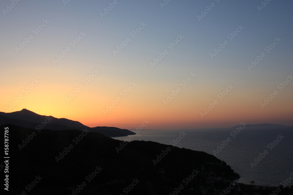 Sunset over Elba and Capraia islands, Tuscan archipelago, Italy