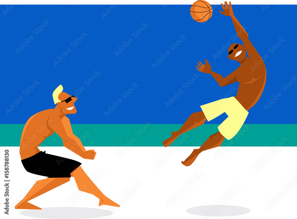 Two young men playing volleyball on the beach, EPS 8 vector illustration