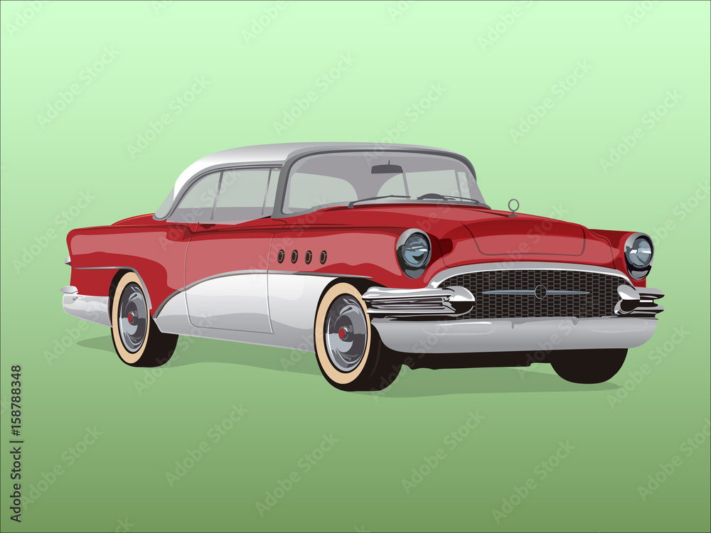 Naklejka Vector retro car 50-60 years isolated on green background with shadow
