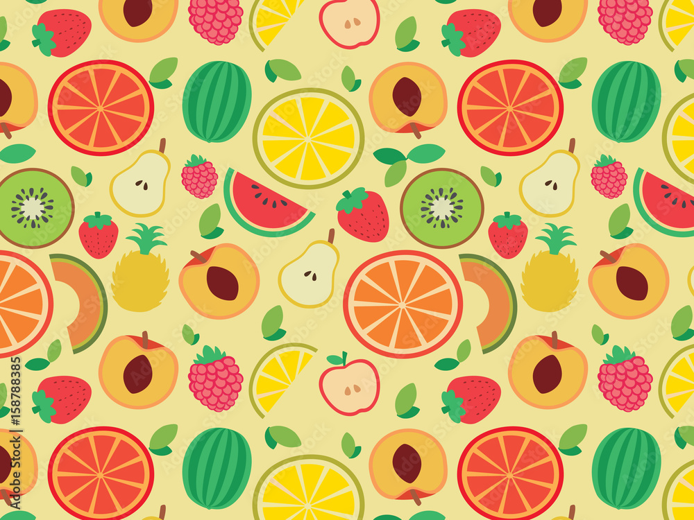 Fruits seamless pattern. Vector flat Illustrations of watermelon, banana, cherry, apple, strawberries, raspberries, blackberries, orange, kiwi fruit, pear for web, print and textile