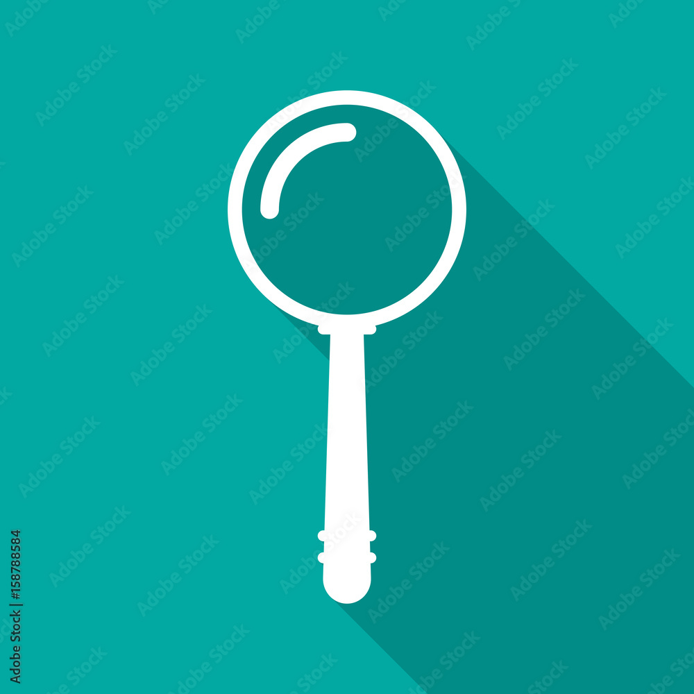 Magnifier icon with long shadow. Flat design style. Magnifying glass simple silhouette. Modern minimalistic icon in stylish colors. Web site page and mobile app design vector element.