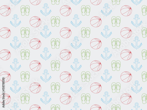 Colorful  pattern with beach flat items include: flip flops, anchor and beach ball.