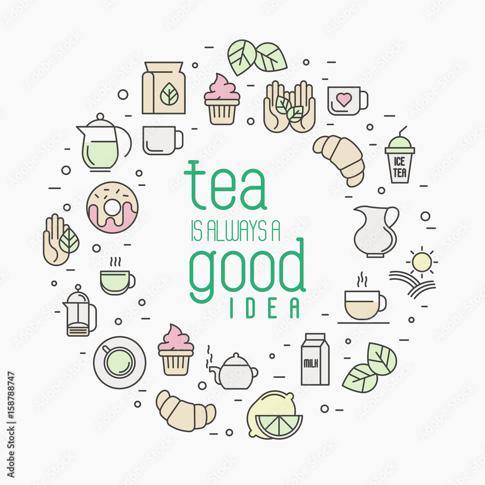 Thin line vector illustration of tea, tea ceremony and sale of tea beverages with phrase Tea is always a good idea. Circle concept for web sites, banners and printed materials. Thin line vector illustration of tea, tea ceremony and sale of tea beverages with phrase Tea is always a good idea. Circle concept for web sites, banners and printed materials.