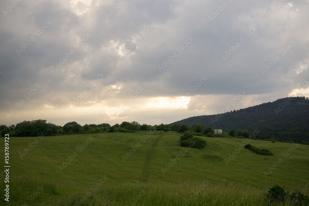 Sunrise and sunset over the hills and town. Slovakia