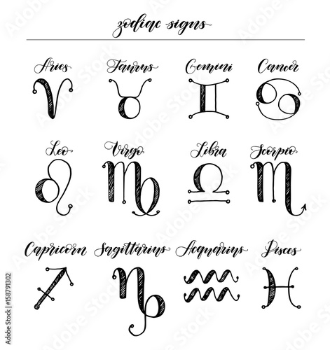 Set of vector handdrawn in sketch style astrology illustrations of the zodiac signs and calligraphic handwritten names. Classic black and white colors. Simple and minimalistic.