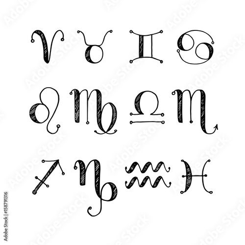 Vector handdrawn in sketch style astrology illustrations of the zodiac signs. Classic black and white colors. Simple and minimalistic.