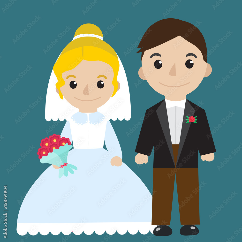 Bride and groom icon characters flat style. Wedding concept. Marriage. Vector illustration Bride and groom icon characters flat style. Wedding concept. Marriage. Vector illustration