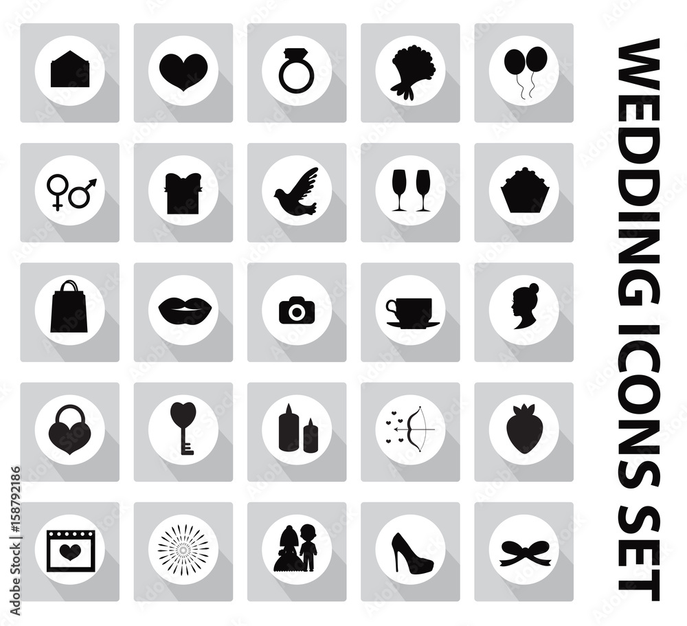 Wedding set of icons, design elements, black silhouette with long shadows.Marriage and romance of a collection of objects with ring, bride, groom, balloons, hearts, flowers. Vector illustration. Wedding set of icons, design elements, black silhouette with long shadows.Marriage and romance of a collection of objects with ring, bride, groom, balloons, hearts, flowers. Vector illustration.