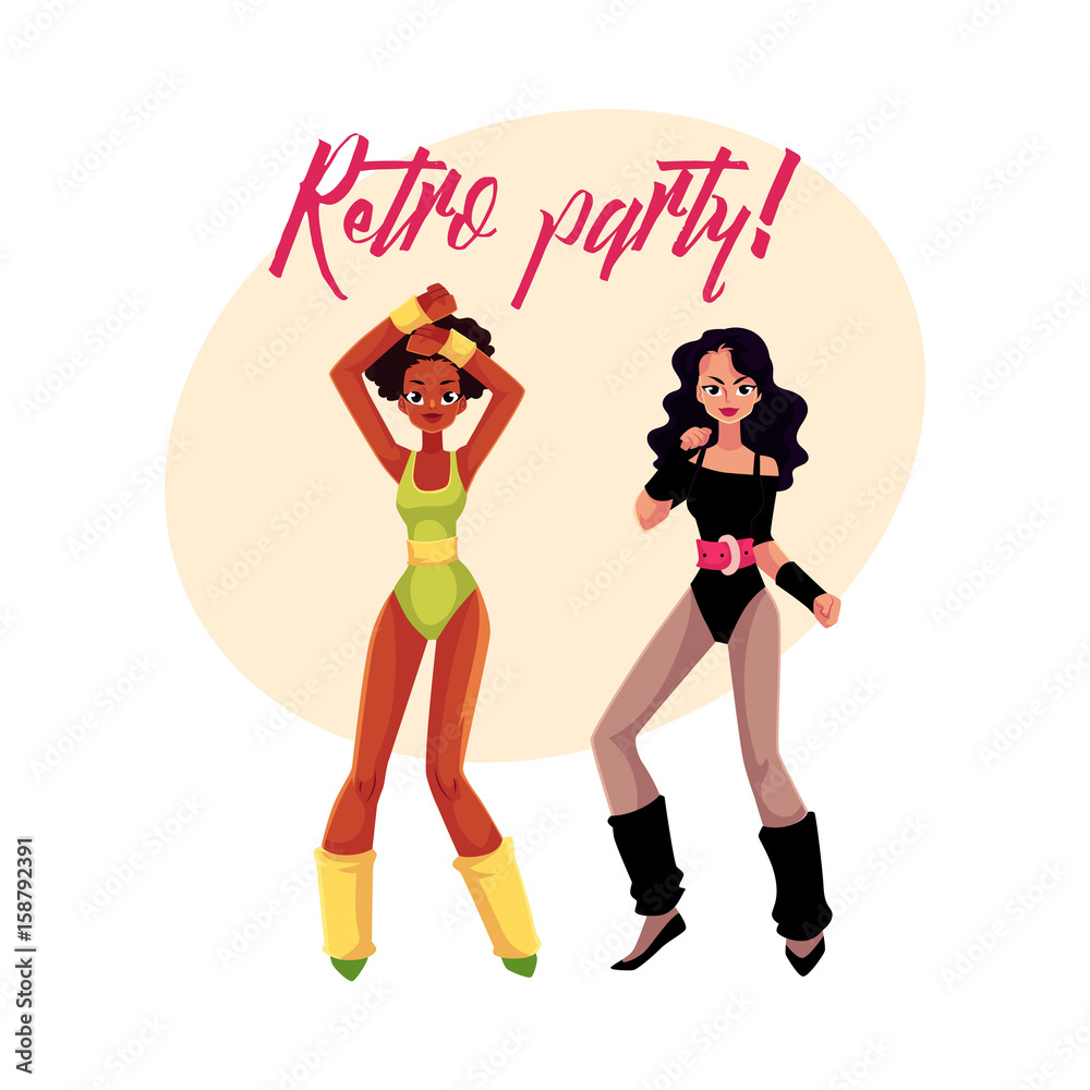 Retro disco party banner, invitation with two girls in 1980s style aerobic outfit, cartoon vector illustration. 80s style retro disco party invitation banner, poster layout with two aerobics girl Retro disco party banner, invitation with two girls in 1980s style aerobic outfit, cartoon vector illustration. 80s style retro disco party invitation banner, poster layout with two aerobics girl