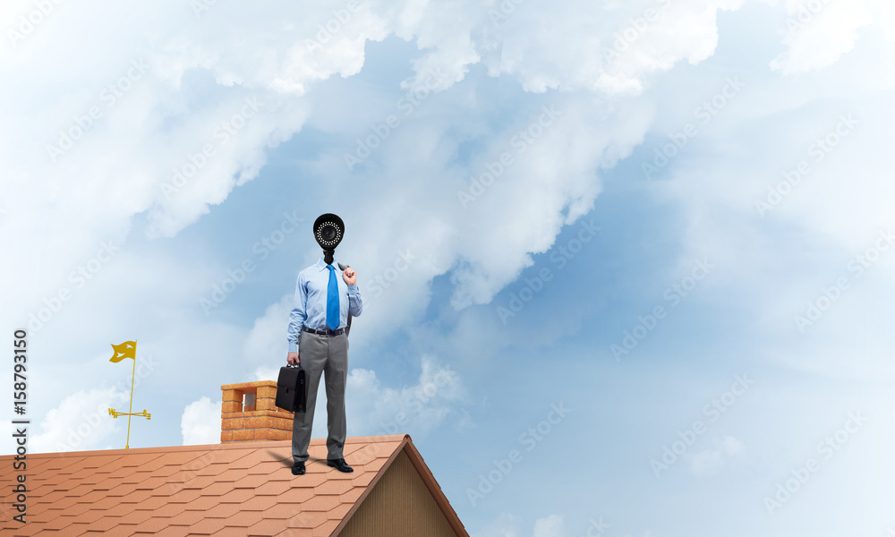 Concept of home security and privacy protection with camera headed man Concept of home security and privacy protection with camera headed man