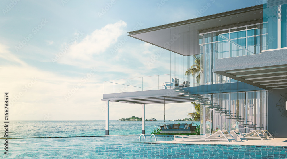 Fototapeta premium Sea view swimming pool in modern loft design,Luxury ocean Beach house