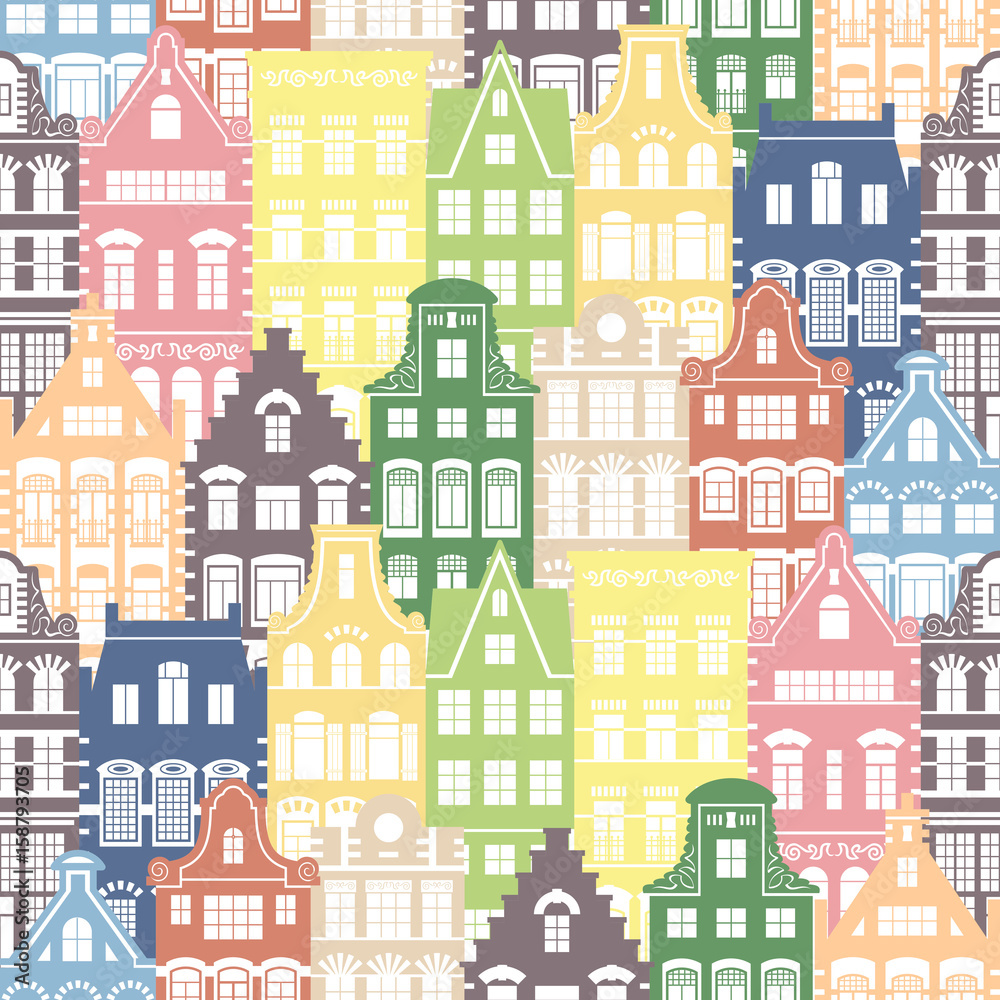 Seamless shapes pattern of Holland old houses facades. Traditional architecture of Netherlands. Colorful illustration in the Dutch style.