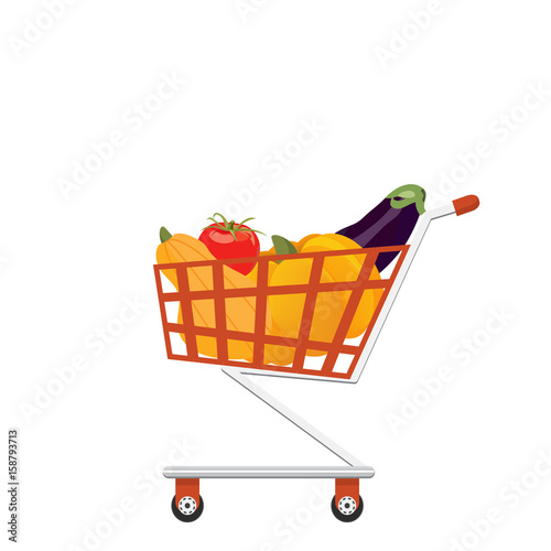 Supermarket full shopping trolley cart with fresh grocery products.