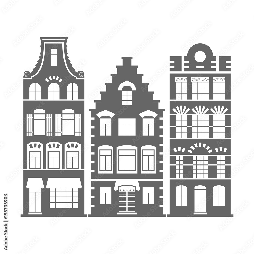 Set of 3 shape Amsterdam, Holland old houses facades. Traditional architecture of Netherlands. Silhouette black and white vector isolated illustrations in the Dutch style.