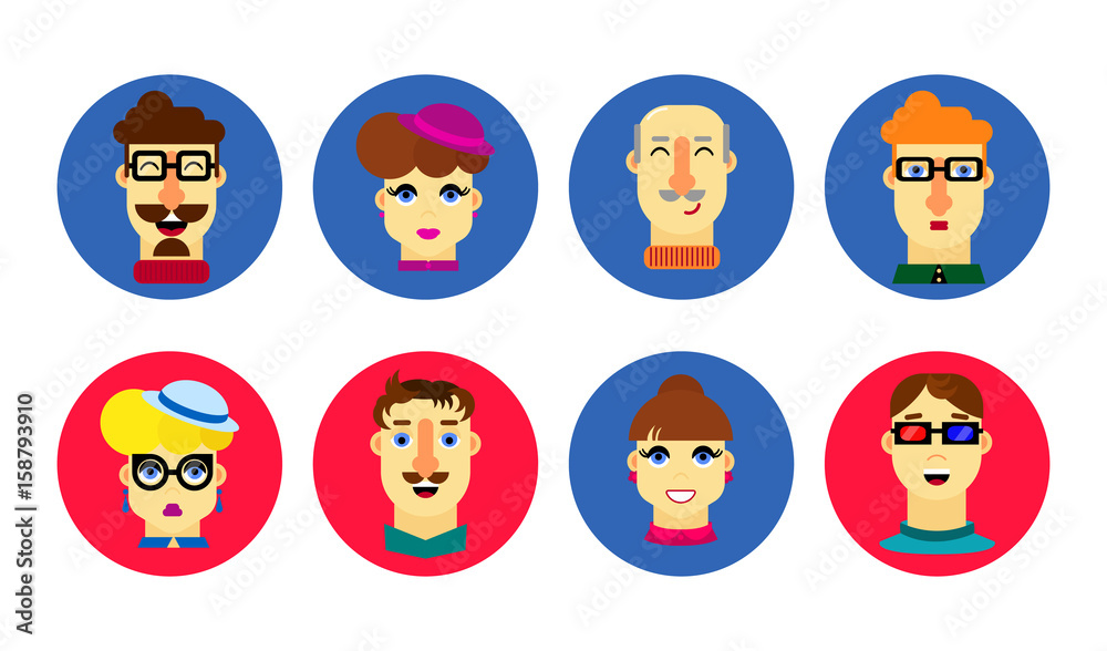 Flat human faces. Cartoon male and female avatar. People icon set. Flat human faces. Cartoon male and female avatar. People icon set.