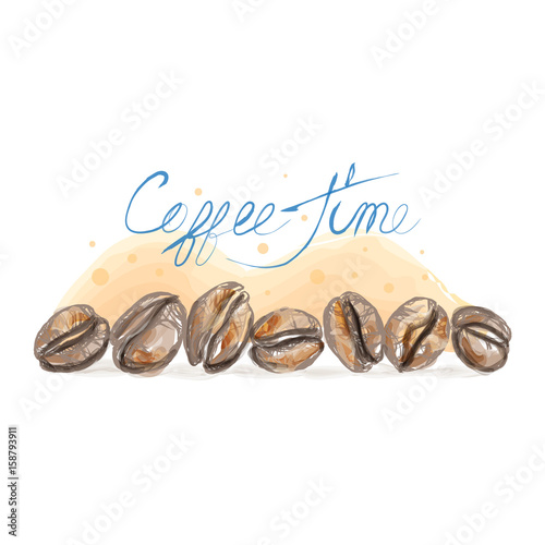 Coffee time card. Coffee Time lettering with watercolor coffee beans