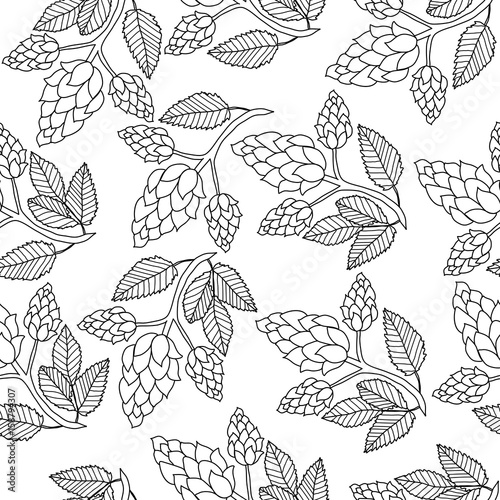 Hops seamless pattern, hand drawing, doodle style. Outline repeating texture, endless background. Brewing concept. Vector illustration