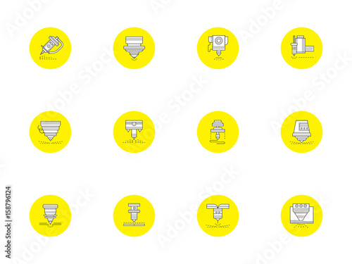 Laser technology round yellow vector icons set