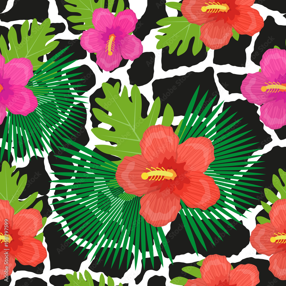 Fototapeta premium Tropical flowers, plants, leaves and animal skin seamless pattern. Summer Endless floral background. Paradise repeating texture. Exotic backdrop. Vector illustration