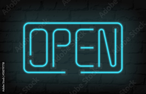 Neon light speech bubble open message sign on brick wall. Neon tube frame with glow effect. Vector illustration