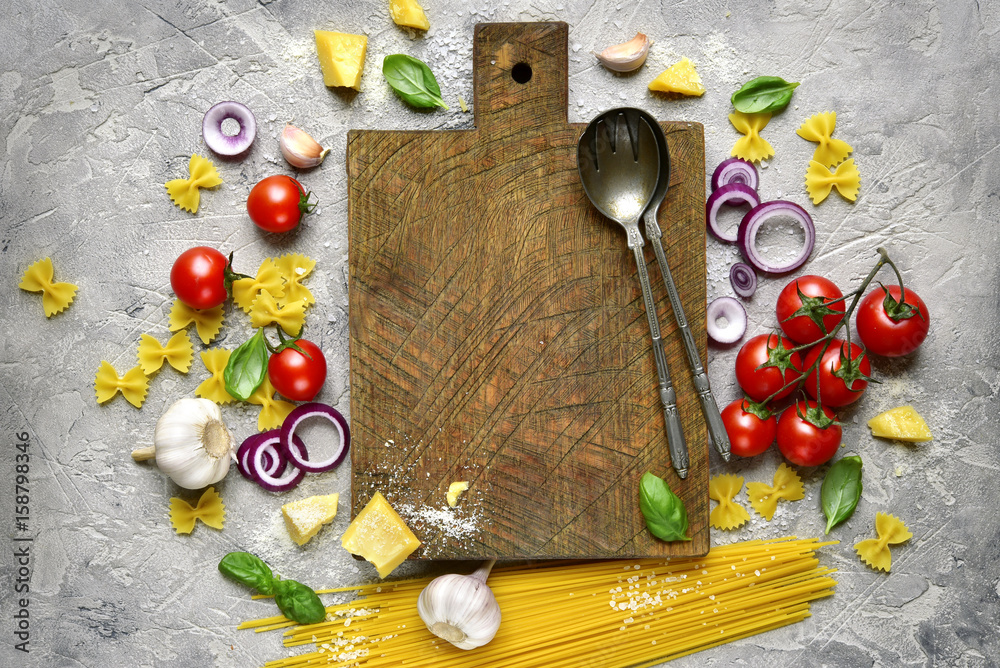 Traditional ingredients of italian cuisine.Top view with copy space.
