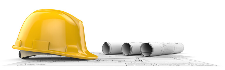 Construction. Hardhat on top of Generic Architectural blueprints, drawings and sketches. 3 Rolls.  3D render.