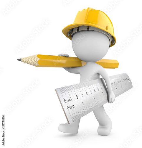 Construction time again. Dude 3D character the Builder carrying large Ruler and Pencil. Yellow theme. 3d Render.