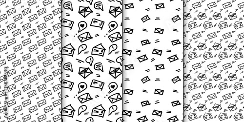 Seamless pattern set with hand drawn sketchy letters. Backround with doodled envrlopes. Momochrome minimalistic background. Hand drawn outlined illustration.