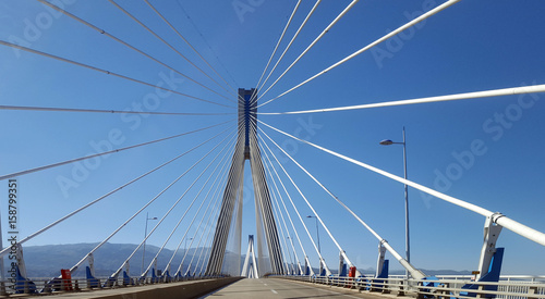 Detail of the multi-span cable-stayed bridge Rio - Antirrio, in Patras city, Greece