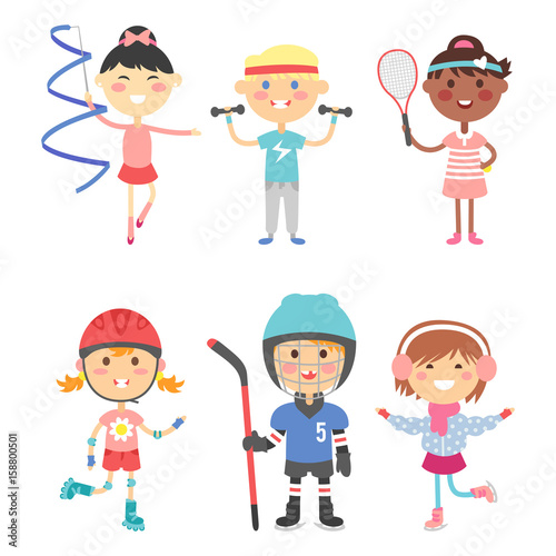 Young kids sportsmens future roller skates gymnastics children sport players vector illustration.