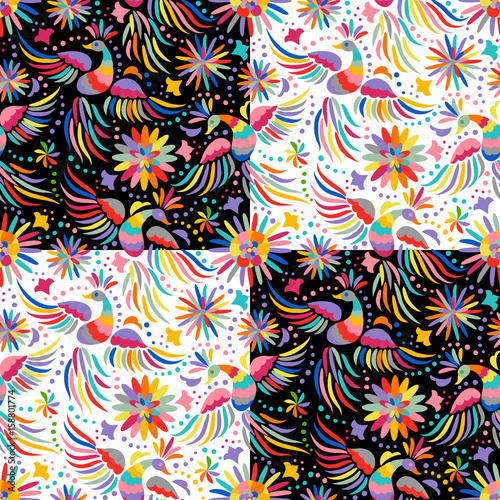 Mexican embroidery seamless pattern. Colorful and ornate ethnic pattern. Birds and flowers background. Floral background with bright ethnic ornament.