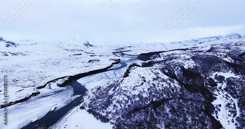 Aerial, scenic frozen countryside in Iceland