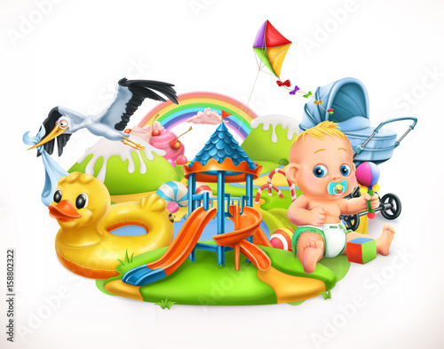 Kids and toys. Children playground 3d vector illustration © Natis
