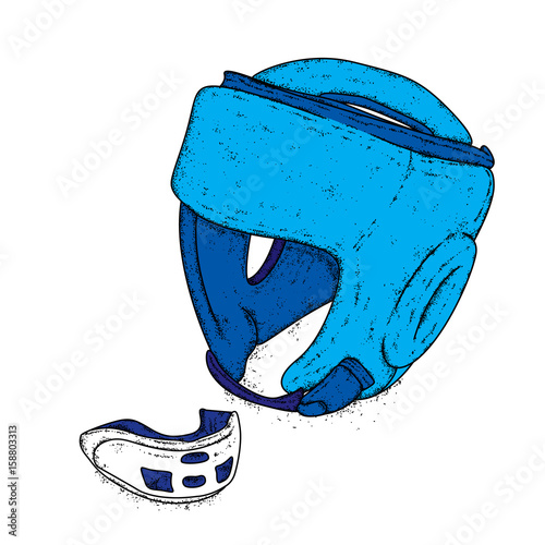 A set of sports equipment. Boxing helmet and kapy for teeth. Vector illustration.