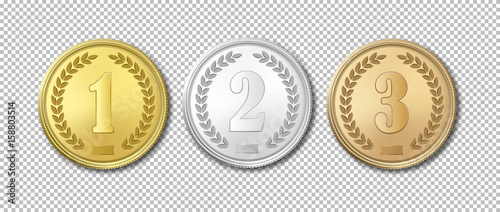 Realistic vector gold, silver and bronze award medals icon set isolated on transparent background. Design templates. The first, second, third prizes.