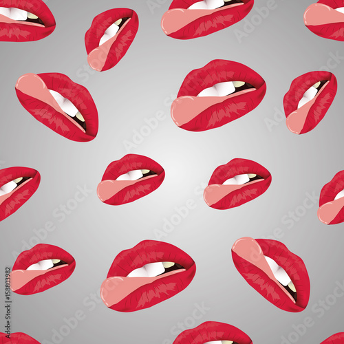 The pattern of female lips. A set of lips with an open mouth and teeth. A pattern of lips on a light background.