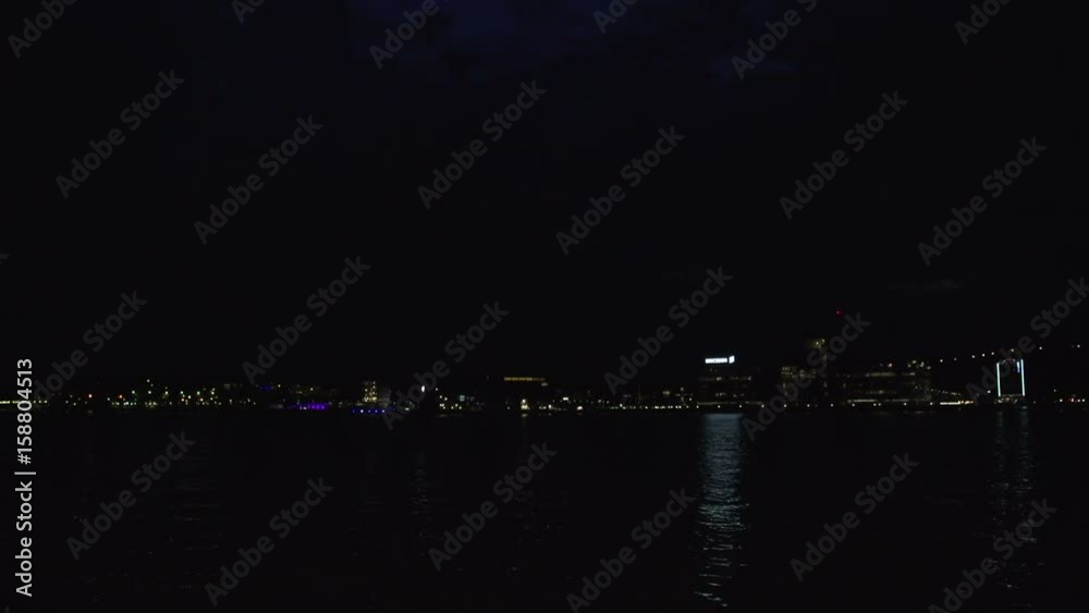 Swedish port city at night, pan right Swedish port city at night, pan right