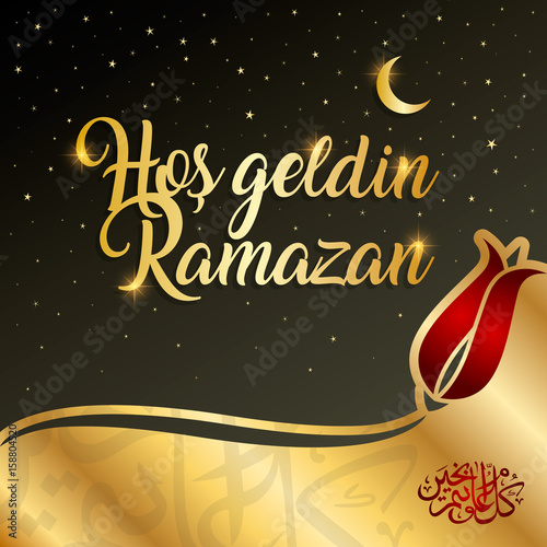 ramazan bayrami, ramadan kareem. welcome ramadan greeting card vector illustration (turkish: hos geldin ramazan)