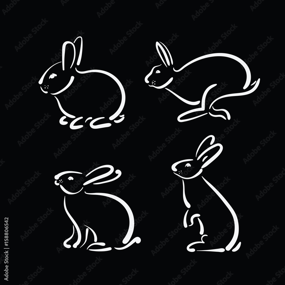 Vector group of hand drawn rabbit on black background. Wild Animals.