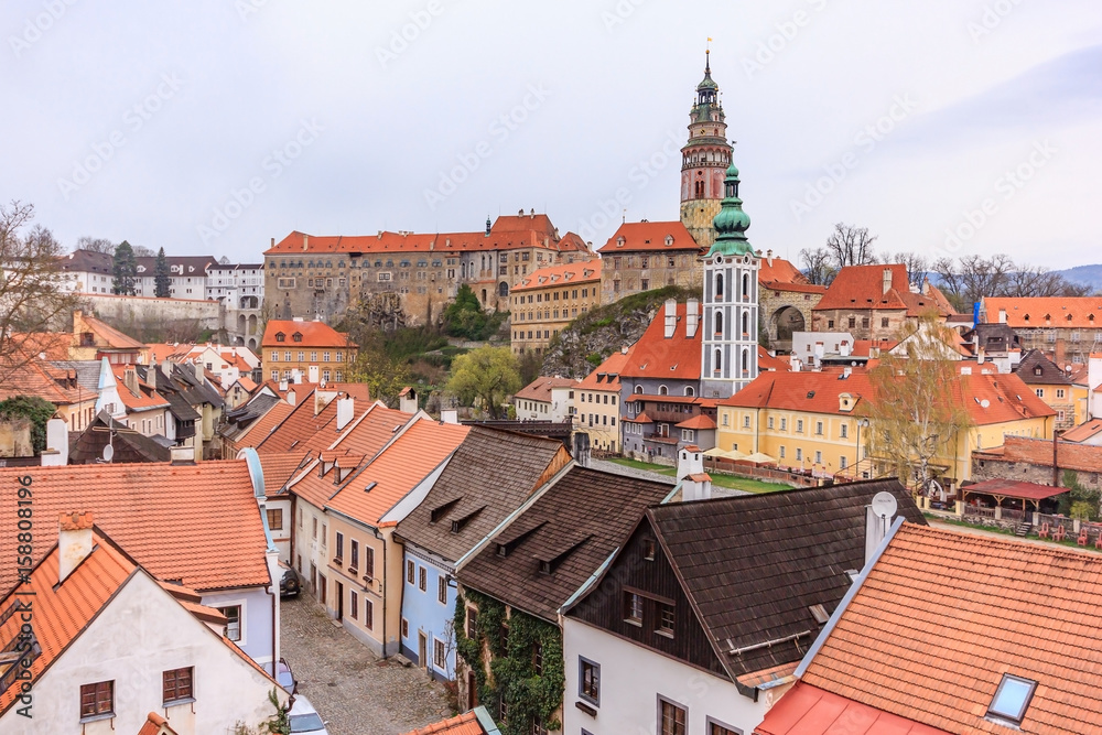 Aerial view of old Town of Cesky Krumlov, Czech Republic. UNESCO World Heritage Site.
