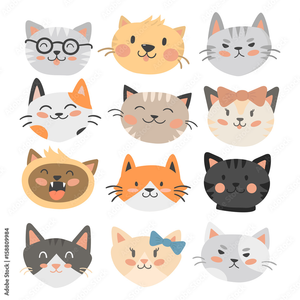 Cats heads vector illustration cute animal funny decorative characters feline domestic trendy pet drawn Cats heads vector illustration cute animal funny decorative characters feline domestic trendy pet drawn