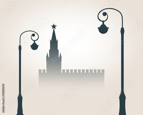 Moscow cityscape skyline. Streetlights, Spasskaya Tower of Kremlin and part of the wall in Moscow. Gradient silhouette. Greeting card illustration