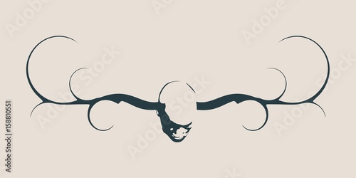 Image of man with horns of the deer. Front view. Emblem for hunters club