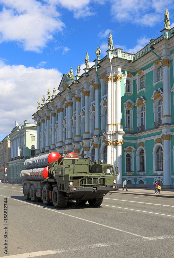Russian military vehicles going down the street to a rehearsal of the Victory parade in St. Petersburg