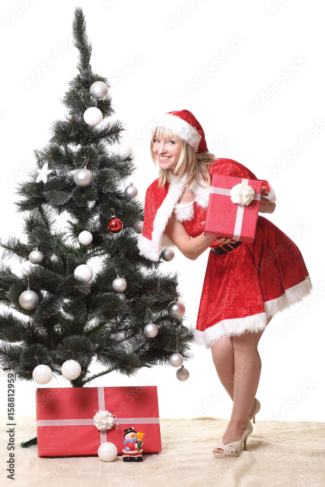 woman in Santa Claus clothes with presents