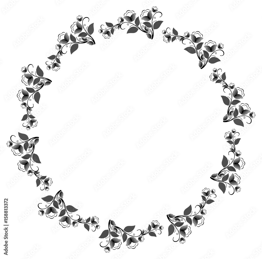 Silhouette floral round frame with halftone pattern. Vector clip art. Silhouette floral round frame with halftone pattern. Vector clip art.