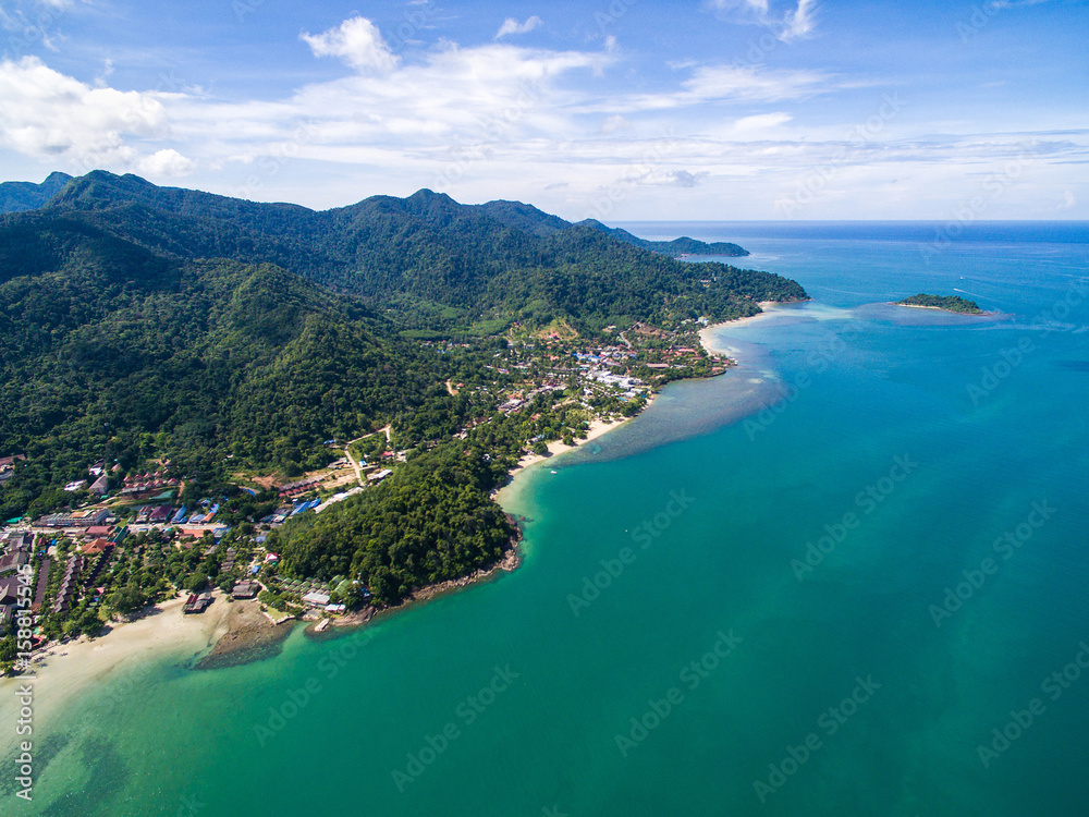 Aerial view of beach, sea and resorts on Koh Chang